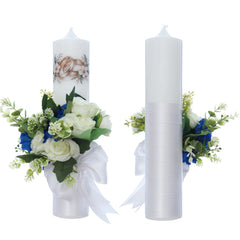Set doua lumanari pentru nunta/cununie, design cu verighete si flori artificiale, Recostore® REC5001/71