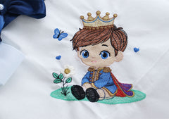 Set botez baieti cu Print, culoare crem-bleumarin, costum print, trusou, si lumanare, REC3179