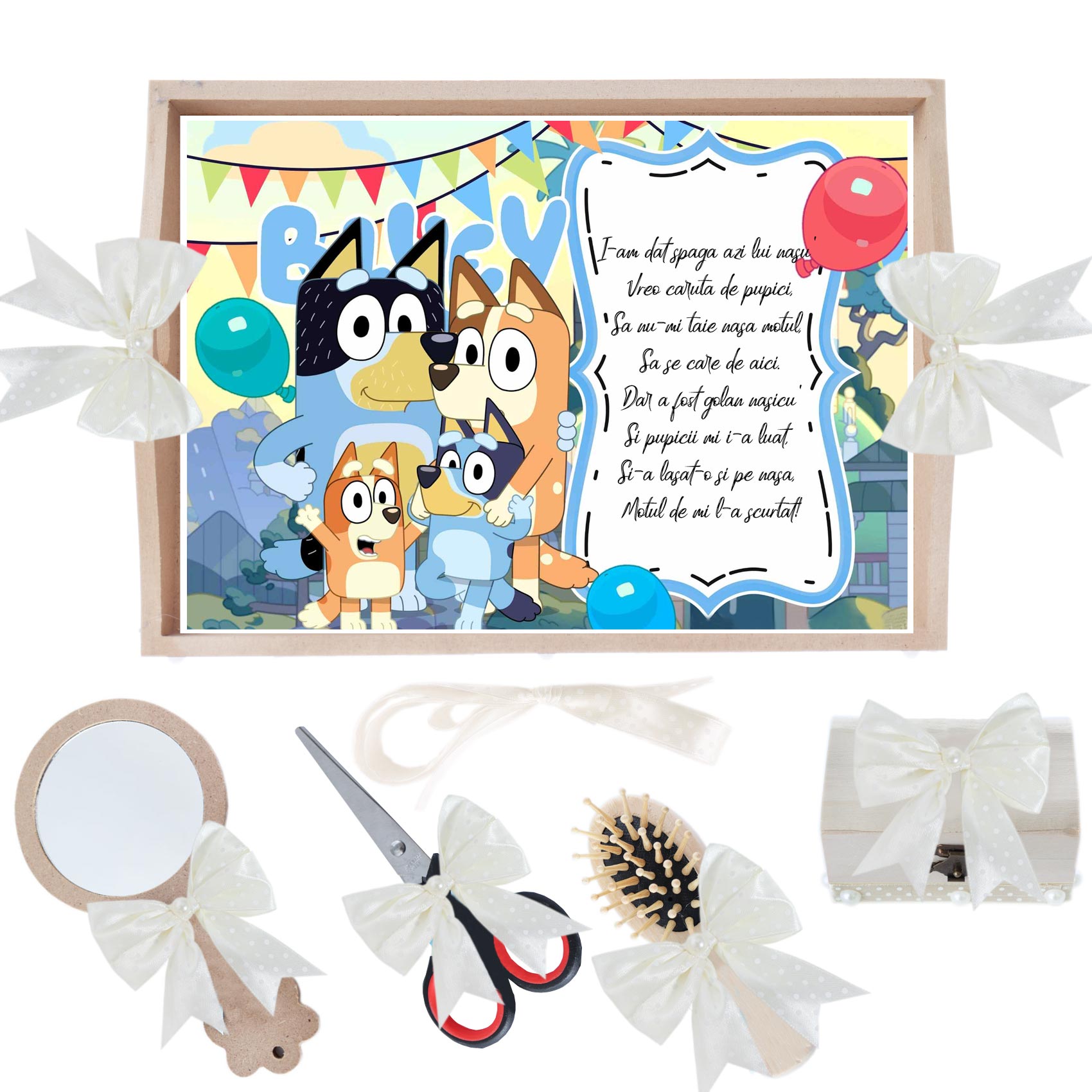 Set tavita pentru taiere mot/turta, model tip Bingo Si Bluey, ivoire, 6 piese, 35x20 cm, REC1967/349