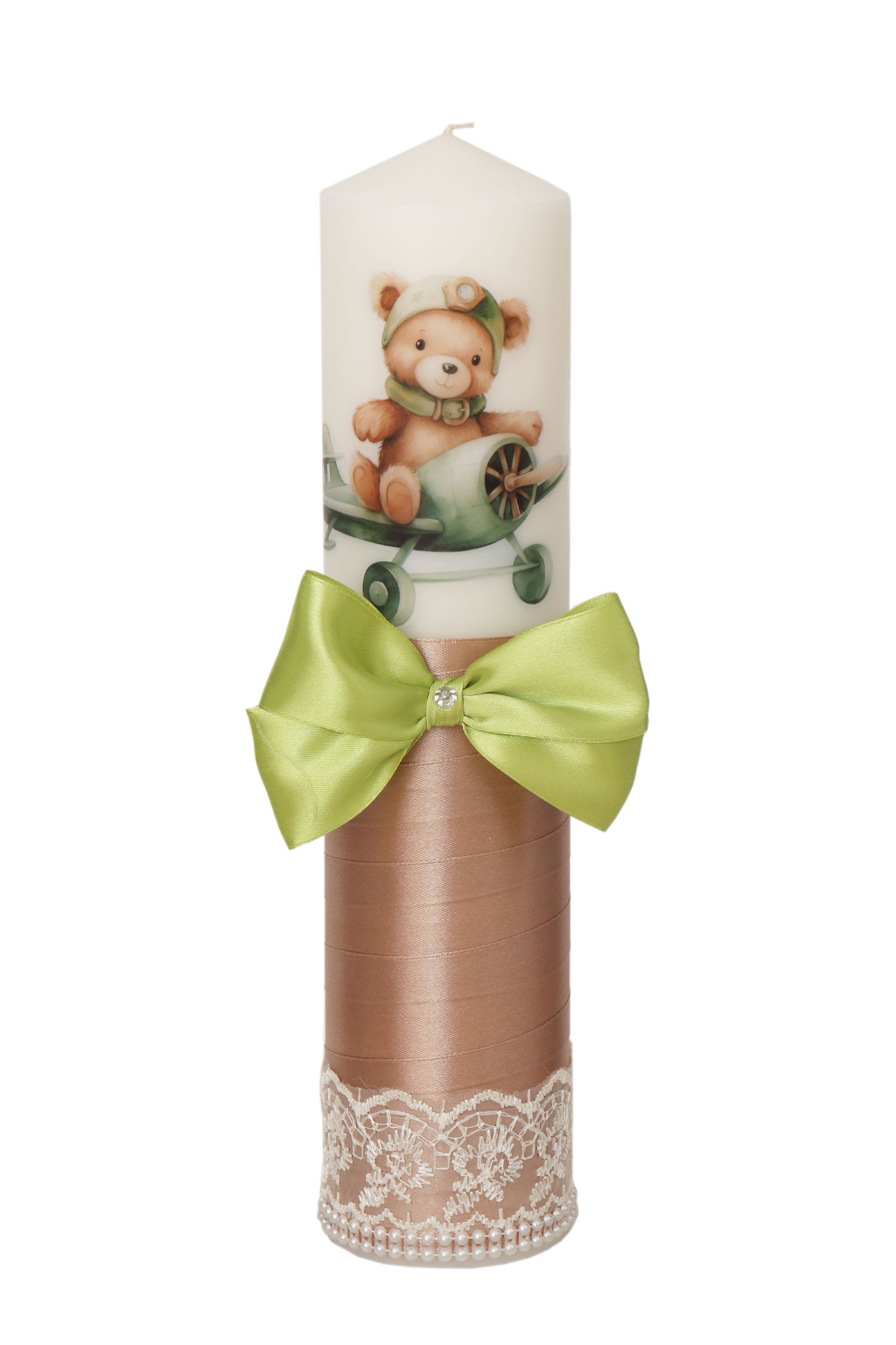 Lumanare botez baieti, model cu Ursuletul aviator, 30x7 cm, bej inchis-verde olive, Recostore®, REC5002/21