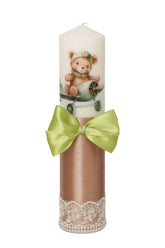 Lumanare botez baieti, model cu Ursuletul aviator, 30x7 cm, bej inchis-verde olive, Recostore®, REC5002/21