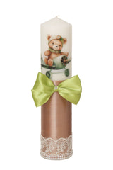 Lumanare botez baieti, model cu Ursuletul aviator, 30x7 cm, bej inchis-verde olive, Recostore®, REC5002/21