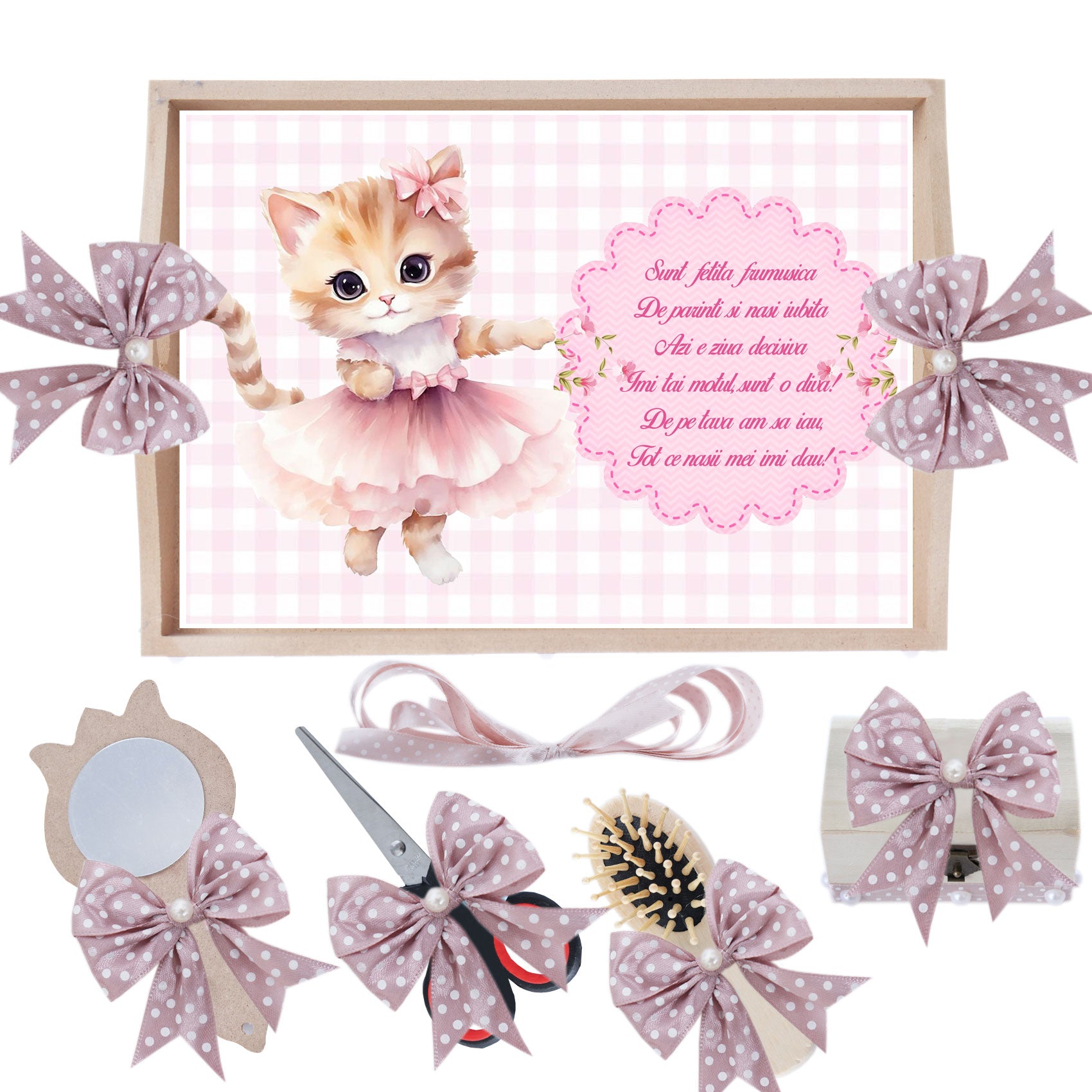 Set tavita pentru taiere mot/turta, model cu Pisicuta, roz pudrat, 6 piese, 35x20 cm, REC1967/354