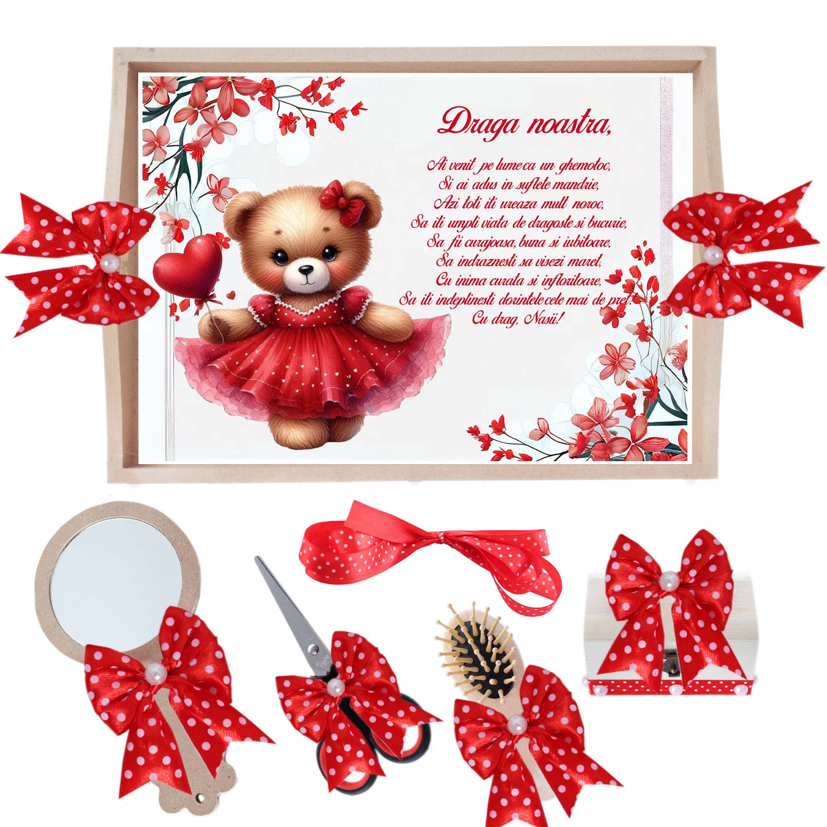 Set tavita pentru taiere mot/turta, model cu Ursulet, rosu, 6 piese, 35x20 cm, REC1967/355