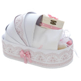 Trusou tip landou pentru botez de fete, Model brodat cu Balerina, roz pudrat, 8 piese, Recostore®, REC5005/13