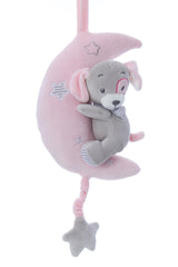 Jucarie pentru patut bebe, semiluna muzicala cu catel, dimensiune 25 cm, REC2979