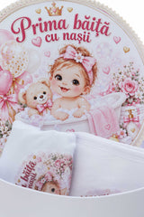Set "Prima baita cu nasii" model fetita in cadita, 5 piese, body, prosop, borcan mirodenii, scrisoare si cutie, Recostore® REC3543