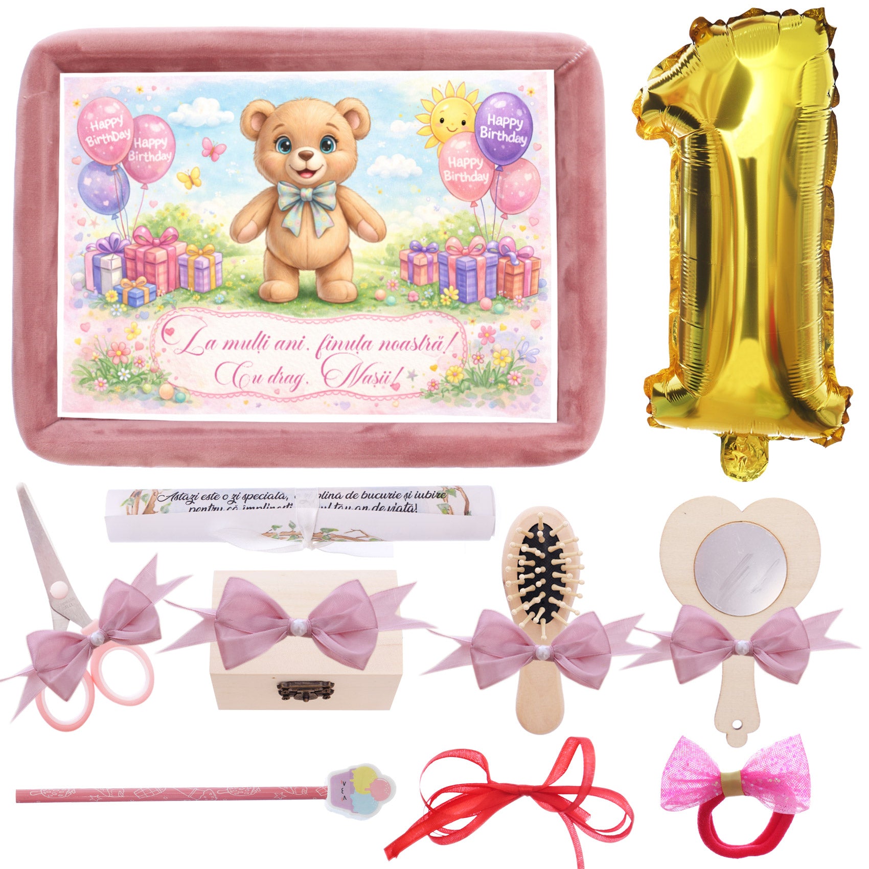 Tava mot fete, aniversare 1 an, model cu Ursulet, catifea roz, 10 piese, 34x25 cm, REC5011/53