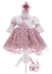 Trusou complet pentru botez de fete personalizat cu Ursulica, lumanare cu Ursulica, rochita cu trena,12 piese, roz pudrat, Recostore®, REC2758