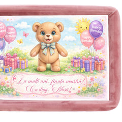 Tava mot fete, aniversare 1 an, model cu Ursulet, catifea roz pudrat, 10 piese, 34x25 cm, REC5011/53