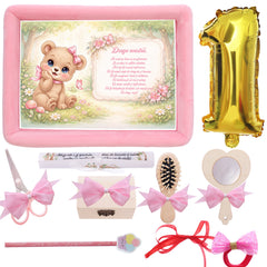 Tava mot fete, aniversare 1 an, model cu Ursulet, catifea roz, 10 piese, 34x25 cm, REC5011/54