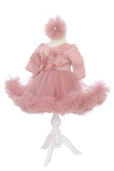 Rochie roz pudrat cu aplicatii decorative pe bust, pentru botez, 2 piese, rochie si bentita, RE3058