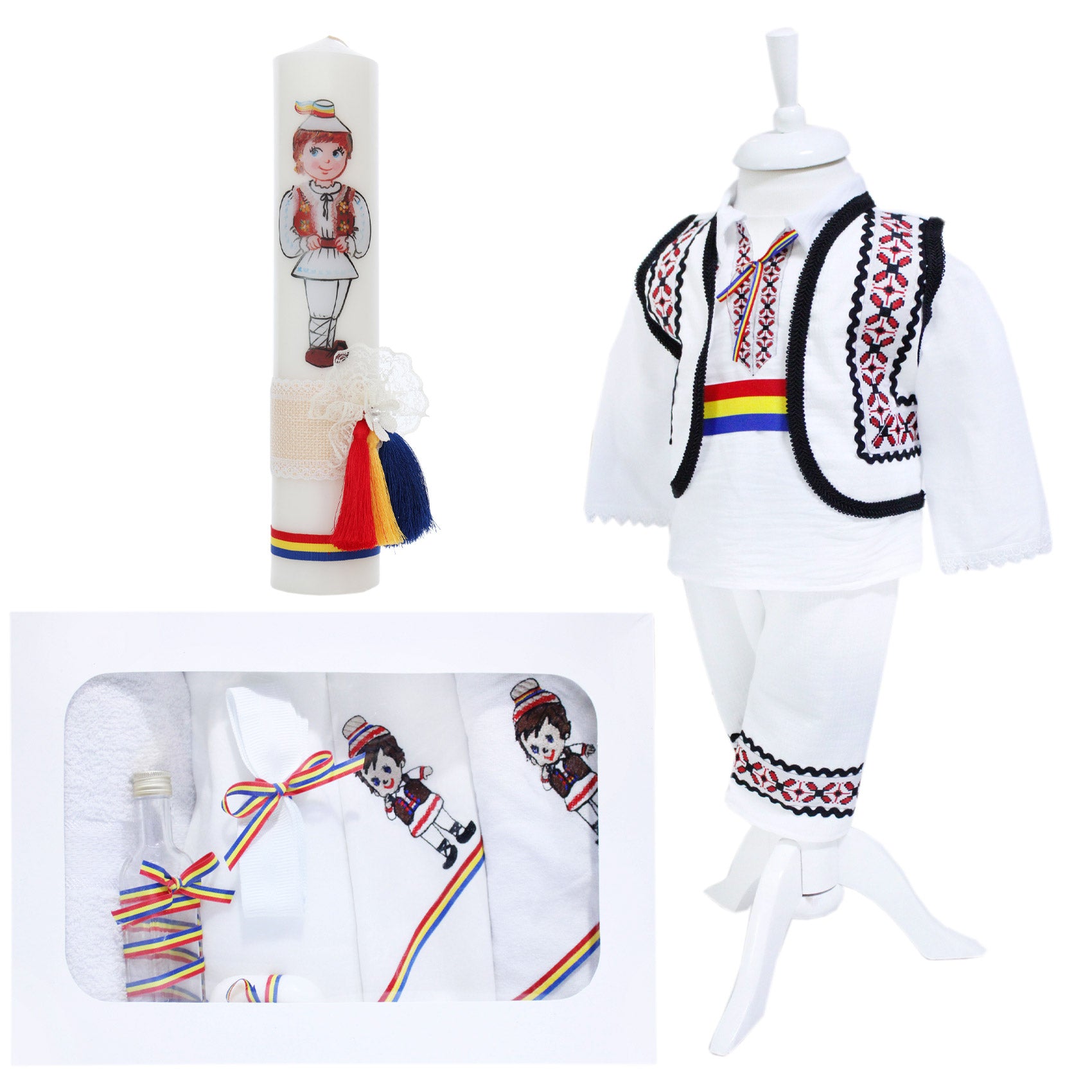 Set trusou complet pentru botez de baieti, model traditional, 13 piese, costum popular alb-rosu, lumanare cu taranus, trusou brodat cu taranus, Recostore®, REC2492