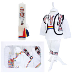 Set trusou complet pentru botez de baieti, model traditional, 13 piese, costum popular alb-rosu, lumanare cu taranus, trusou brodat cu taranus, Recostore®, REC2492