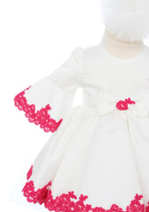 Rochita alba cu maneci tip clopot si dantela ciclame pentru botez de fete, 2 piese, Recostore®, REC2523