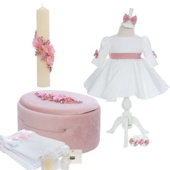 Trusou elegant pentru botez fete, roz pudrat, 13 piese, REC3388