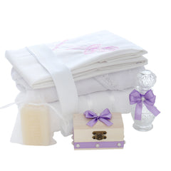 Trusou tip landou pentru botez de fete, Model brodat cu Balerina, lila, 8 piese, REC5005/15