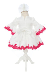 Rochita alba cu maneci tip clopot si dantela ciclame pentru botez de fete, 2 piese, Recostore®, REC2523