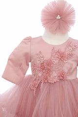 Rochie roz pudrat cu aplicatii decorative pe bust, pentru botez, 2 piese, rochie si bentita, RE3058