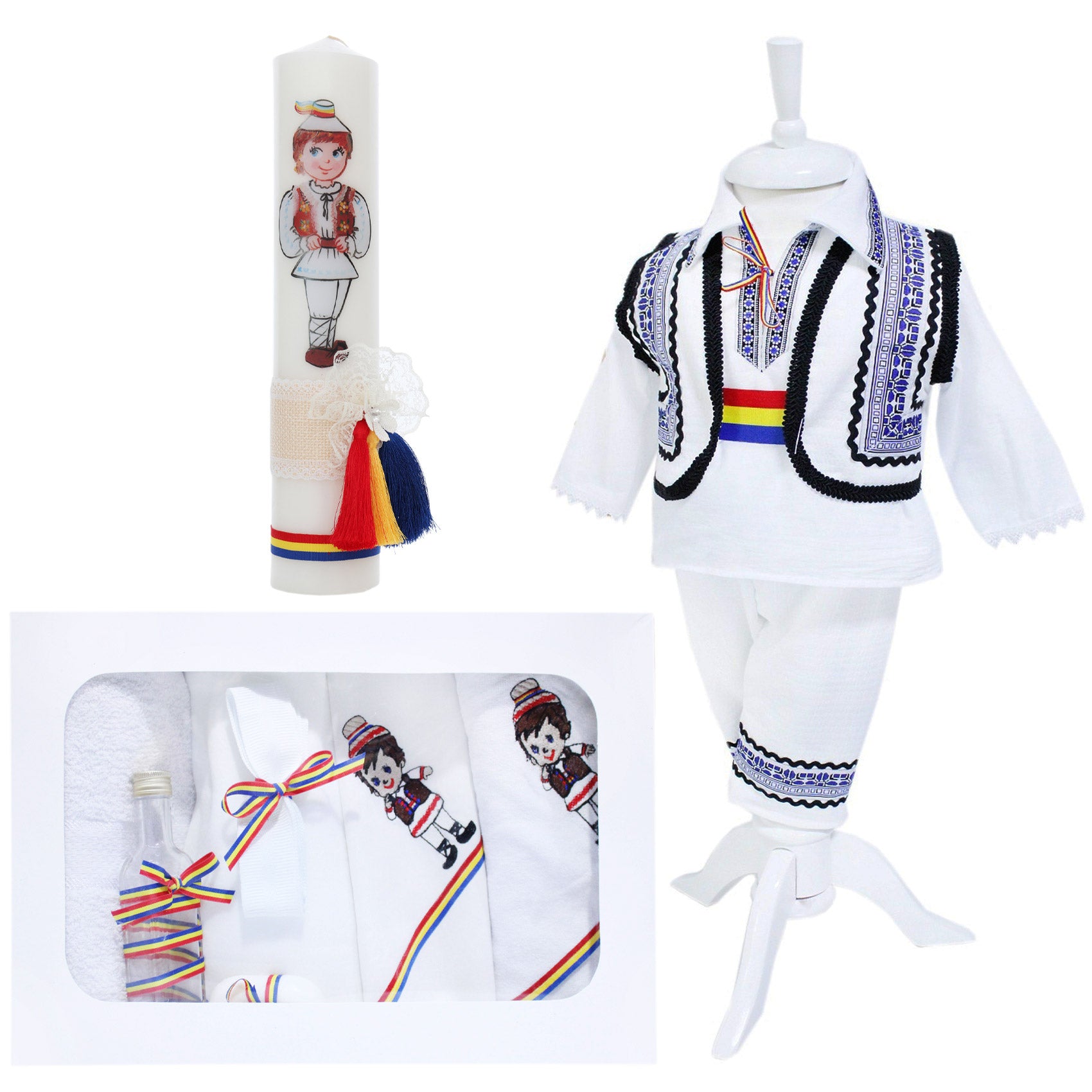 Set trusou complet pentru botez de baieti, model traditional, 13 piese, costum popular alb-albastru, lumanare cu taranus, trusou brodat cu taranus, Recostore®, REC2493