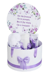 Trusou pentru botez de baieti, Model cu Fluturi, lila, 8 piese, Recostore®, REC2630