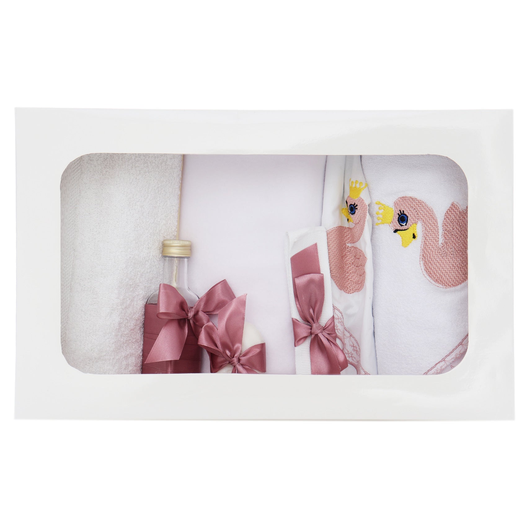 Trusou pentru botez de fete, Model Lebada, Roz pudrat, 7 piese, Recostore®, REC2631