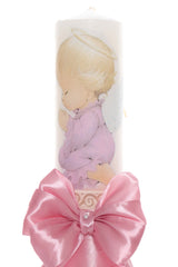 Trusou complet pentru botez de fete personalizat cu ingeras, trusou, lumanare, rochita cu bentita si pantofiori, roz, 10 piese, Recostore®, REC2703