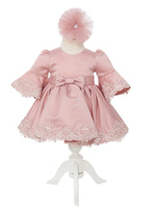 Rochita roz pudrat cu maneci tip clopot si dantela pentru botez de fete, 2 piese, Recostore®, REC2524