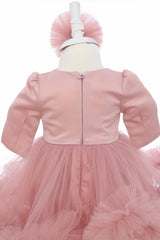 Rochie roz pudrat cu aplicatii decorative pe bust, pentru botez, 2 piese, rochie si bentita, RE3058