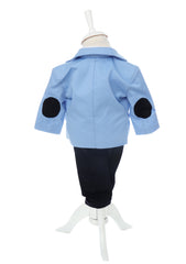 Trusou complet pentru botez de baieti, model cu ingeras, trusou imprimat, lumanare cu "Radacini si aripi de la parinti", costum si pantofiori, bleu, 13 piese, Recostore®, REC2646