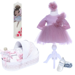 Set trusou complet pentru botez de fete model Zana, 10 piese, Rochita, lumanare cu zana, trusou tip landou brodat si pantofiori, Recostore®, REC2494