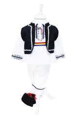 Costum popular pentru baieti, alb-negru cu motive traditionale, 5 piese, camasa, brau, vesta, pantaloni, botosi, REC25