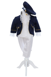 Costum print pentru botez baieti, 4 piese, bleumarin-alb, REC3356