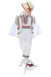 Costumas traditional romanesc pentru botez baietel, alb-crem, 6 piese, Recostore®, REC3496