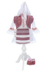 Costumas traditional romanesc pentru botez fetita, alb-roz, 5 piese, Recostore®, REC3504