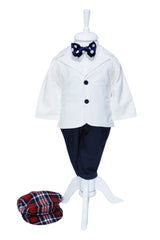 Trusou complet pentru botez de baieti personalizat cu ursulet, trusou brodat, lumanare, costum si pantofiori, alb-bleumarin, 15 piese, Recostore®, REC2677