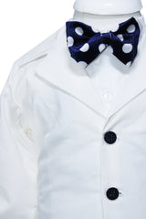 Trusou complet pentru botez de baieti personalizat cu ursulet, trusou brodat, lumanare, costum si pantofiori, alb-bleumarin, 15 piese, Recostore®, REC2677