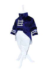 Trusou complet pentru botez de baieti, trusou brodat cu coroana, lumanare cu bebe print, costum print si pantofiori, bleumarin, 15 piese, Recostore®, REC2665