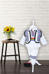 Costum popular pentru botez, alb-albastru cu motive traditionale, 5 piese, camasa, brau, vesta, pantaloni, botosi, pentru baieti, REC24