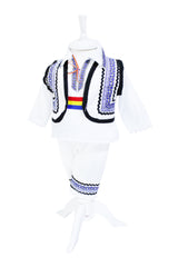 Costum popular pentru botez, alb-albastru cu motive traditionale, 5 piese, camasa, brau, vesta, pantaloni, botosi, pentru baieti, REC24