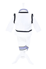 Costum popular pentru botez, alb-albastru cu motive traditionale, 5 piese, camasa, brau, vesta, pantaloni, botosi, pentru baieti, REC24