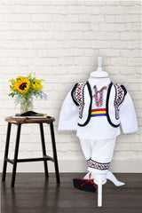 Costum popular pentru botez, alb-rosu cu motive traditionale, 5 piese, camasa, brau, vesta, pantaloni, botosi, pentru baieti, REC23