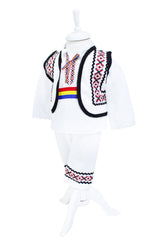 Costum popular pentru botez, alb-rosu cu motive traditionale, 5 piese, camasa, brau, vesta, pantaloni, botosi, pentru baieti, REC23