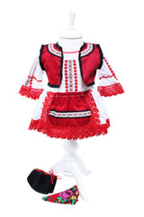 Costum popular alb-rosu pentru botez, 5 piese, bluza, fusta, vesta, batic, botosi, pentru fetite, REC2