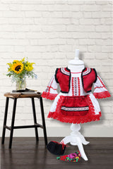 Costum popular alb-rosu pentru botez, 5 piese, bluza, fusta, vesta, batic, botosi, pentru fetite, REC2