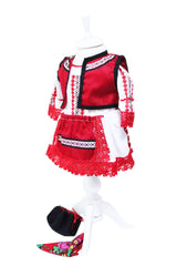 Costum popular alb-rosu pentru botez, 5 piese, bluza, fusta, vesta, batic, botosi, pentru fetite, REC2