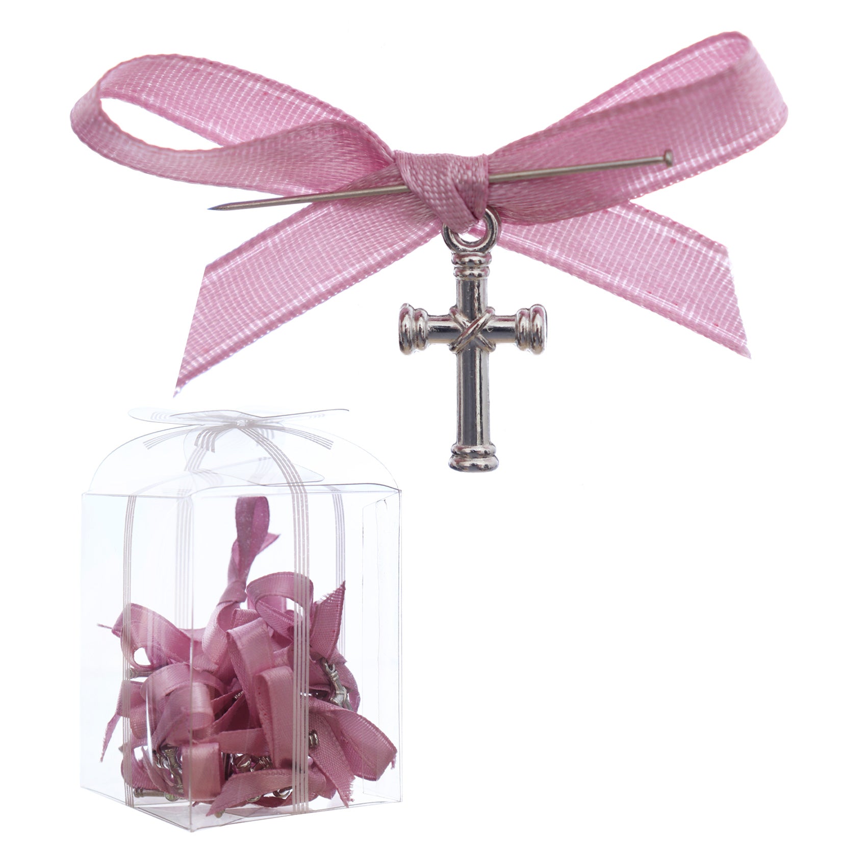 Marturii cruciulite pentru botez, set 20 bucati, funda roz pudrat, REC1968/60