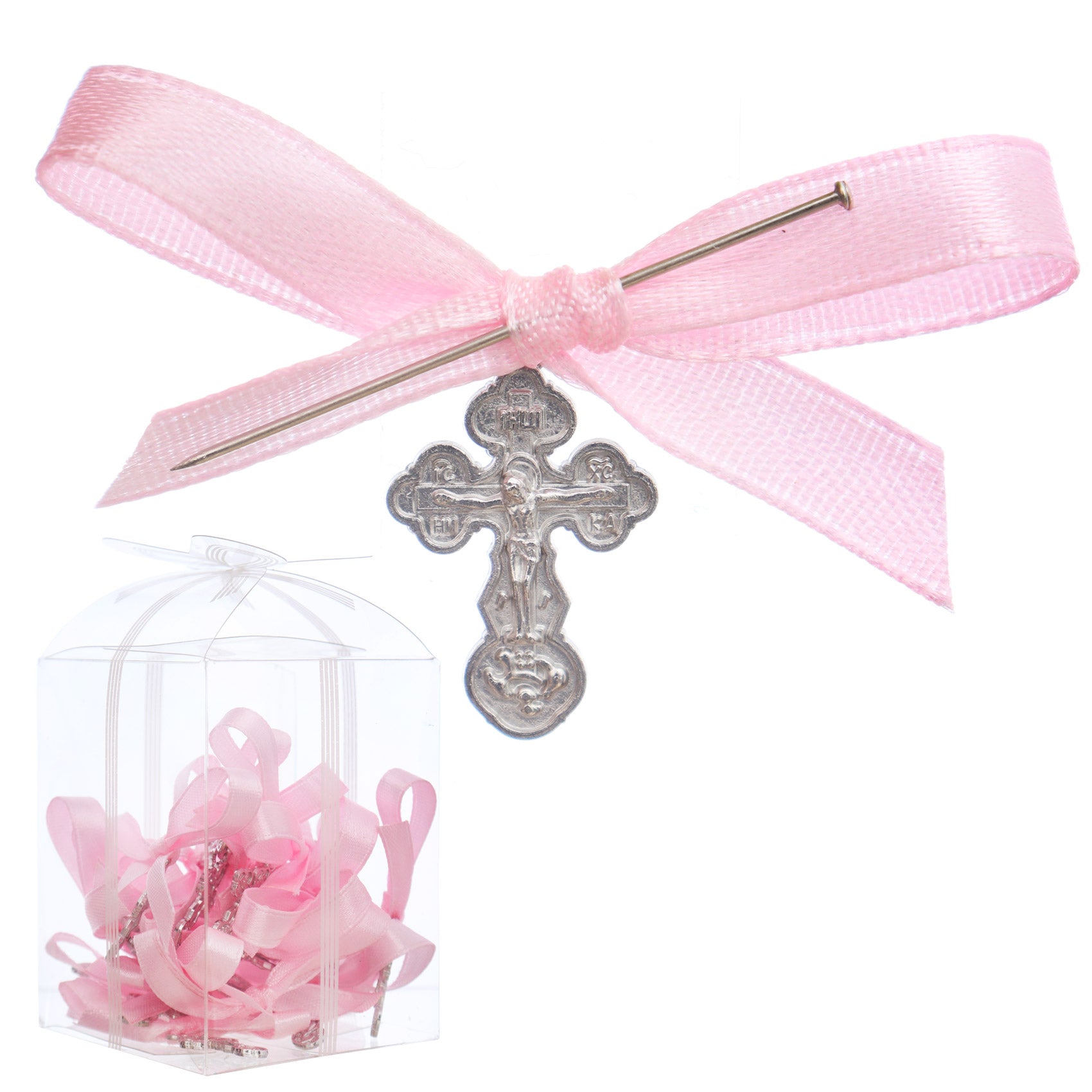 Marturii cruciulite pentru botez, set 20 bucati, funda roz, REC1968/78