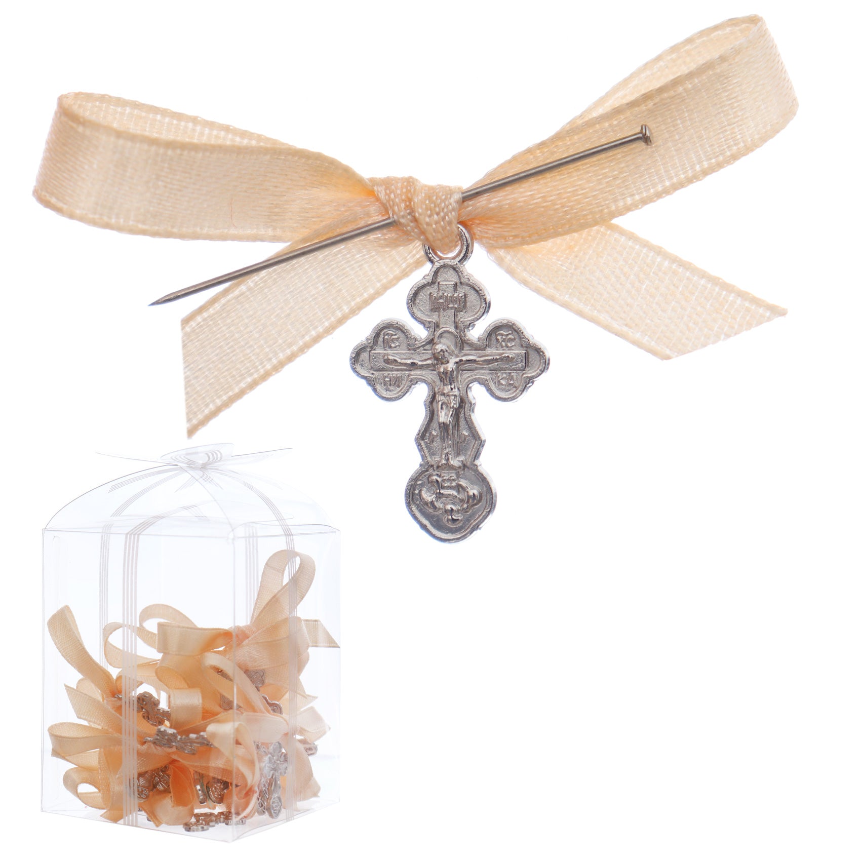 Marturii cruciulite pentru botez, set 20 bucati, funda crem, REC1968/69