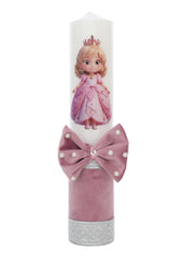 Set trusou complet pentru botez de fete, Mica printesa, 12 piese, rochita roz pudrat, lumanare cu printesa, trusou brodat cu coroana, Recostore®, REC2487